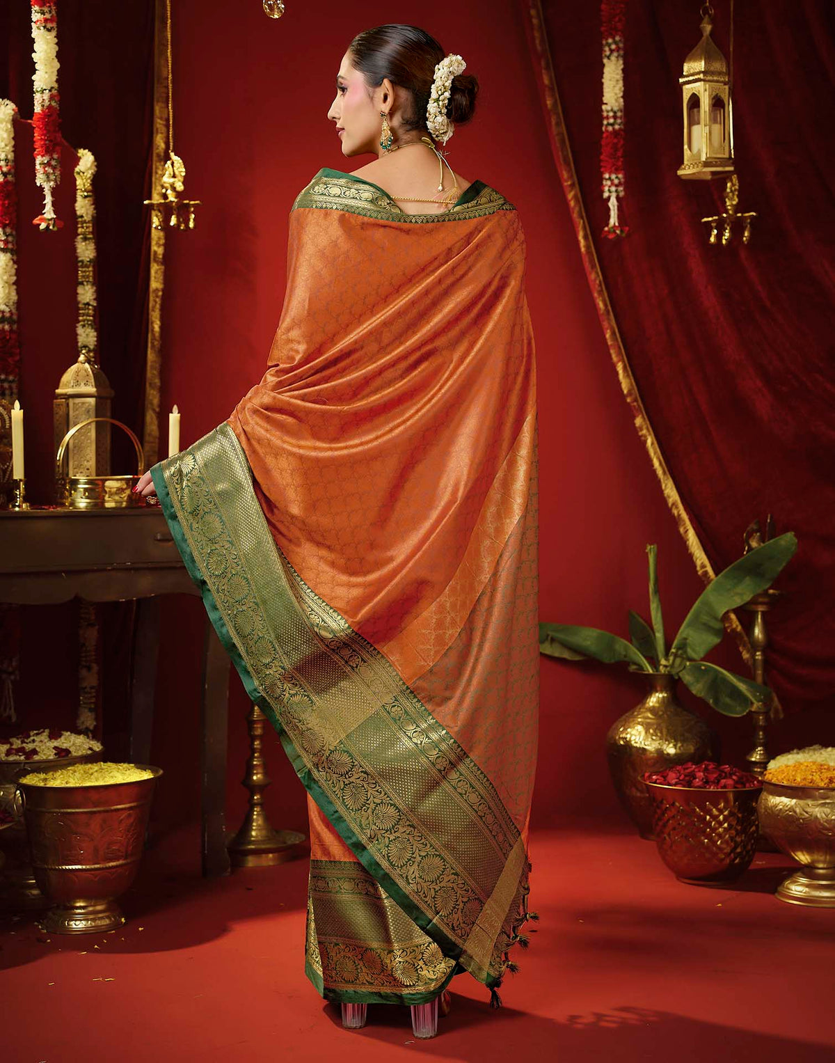 Rust Orange Silk Woven Kanjivaram Saree