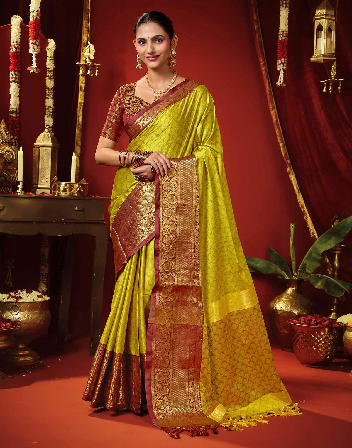 Lime Green Silk Woven Kanjivaram Saree