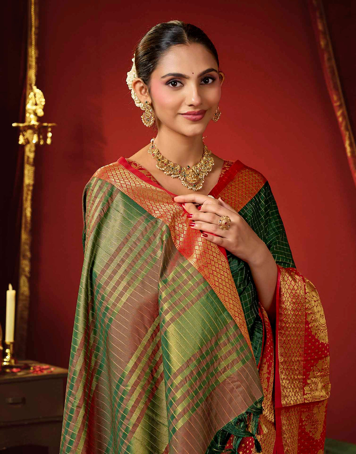 Dark Green Silk Woven Kanjivaram Saree