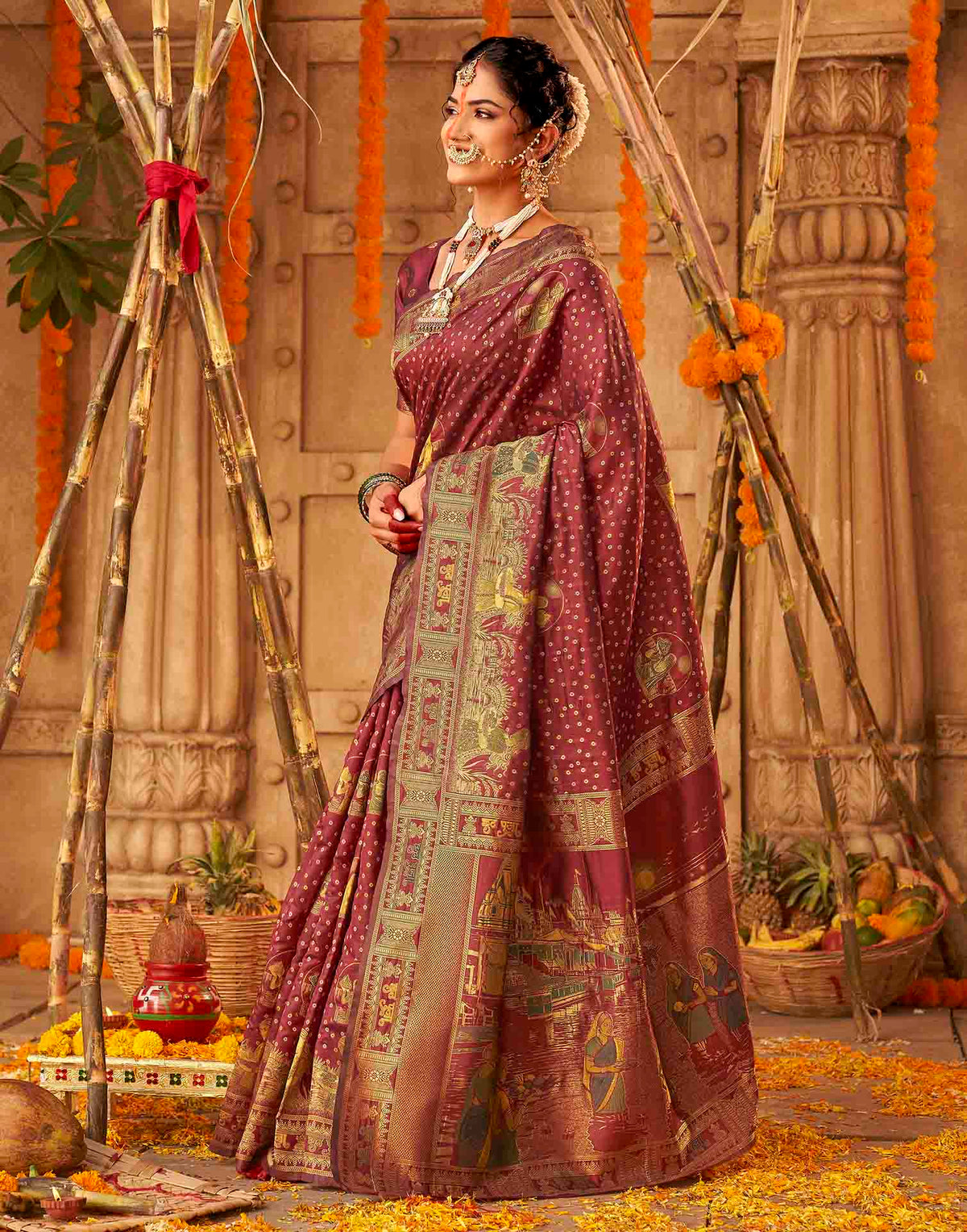 Chhath Maroon Silk Woven Banarasi Saree