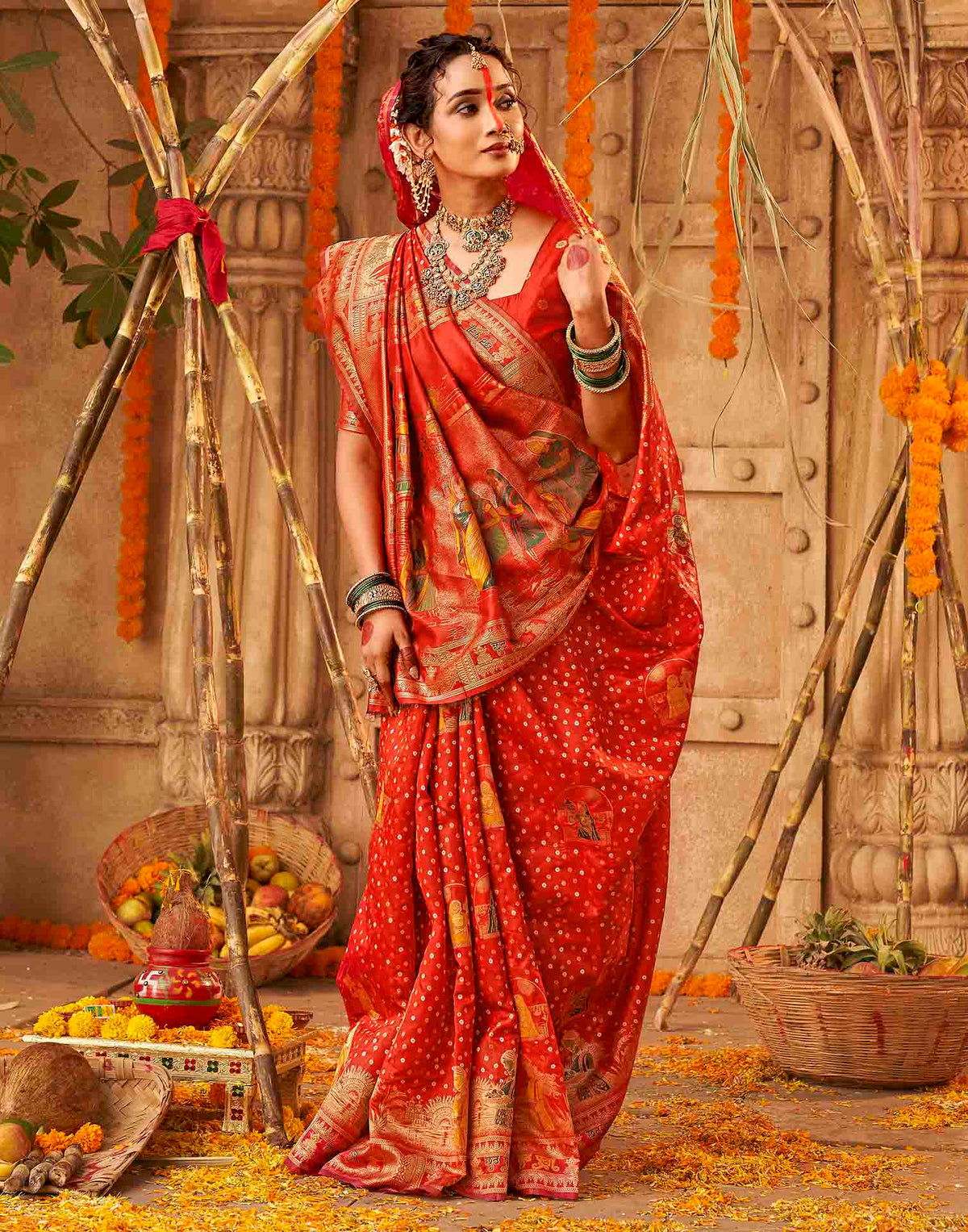 Chhath Red Silk Woven Banarasi Saree