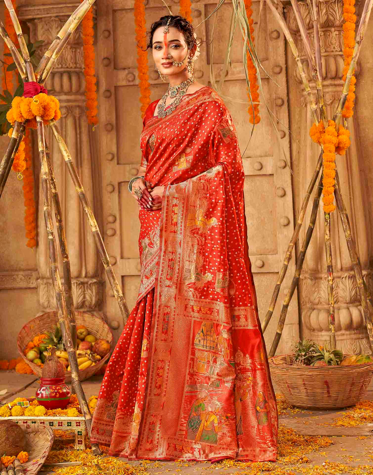 Chhath Red Silk Woven Banarasi Saree