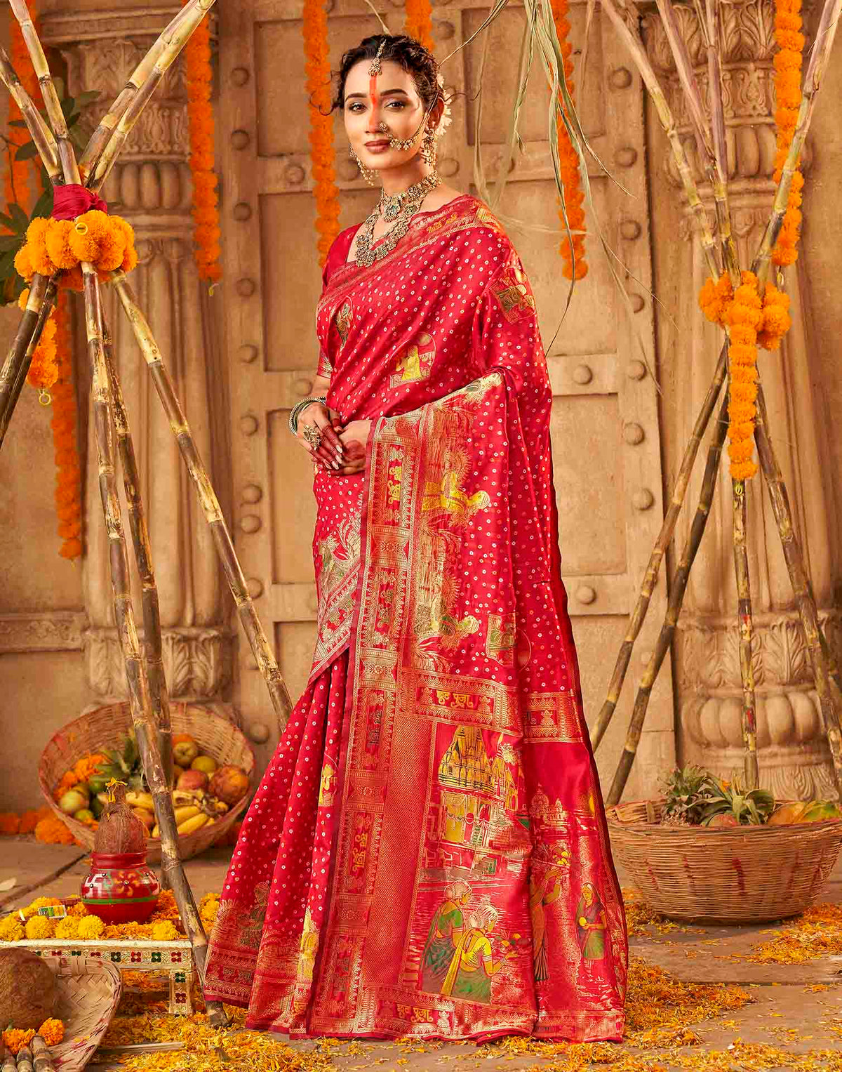 Chhath Red Silk Woven Banarasi Saree
