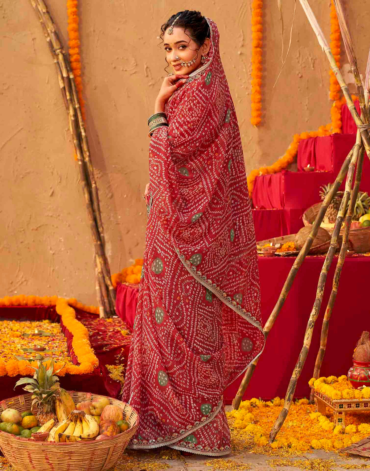 Chhath Dark Red Georgette Printed Bandhani Saree