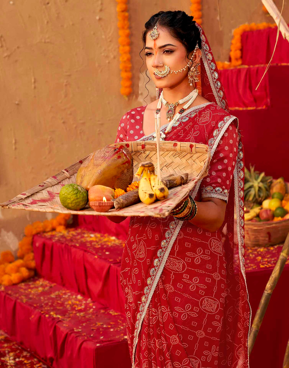 Chhath Dark Red Georgette Printed Bandhani Saree