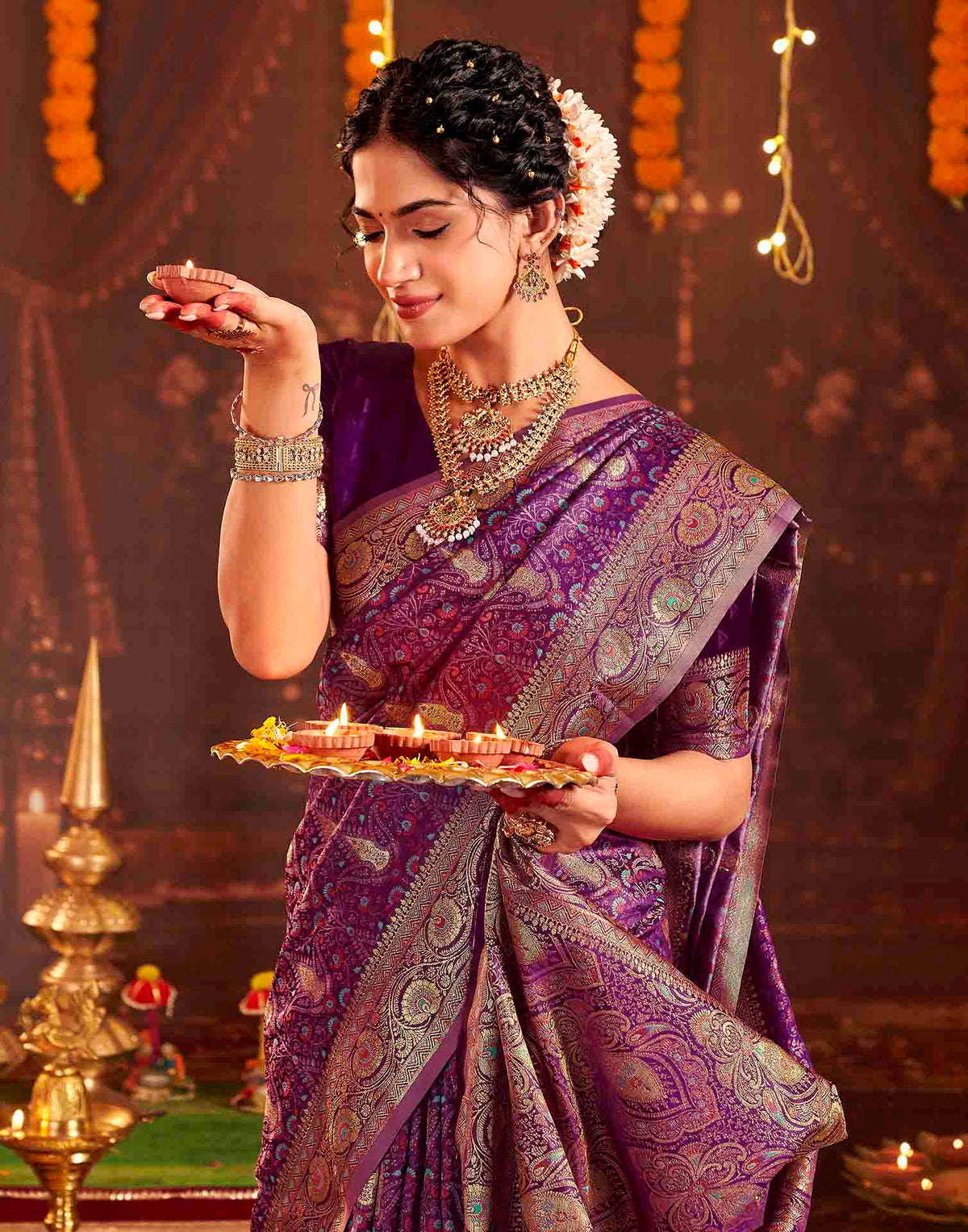 Dark Purple Silk Woven Banarasi Saree