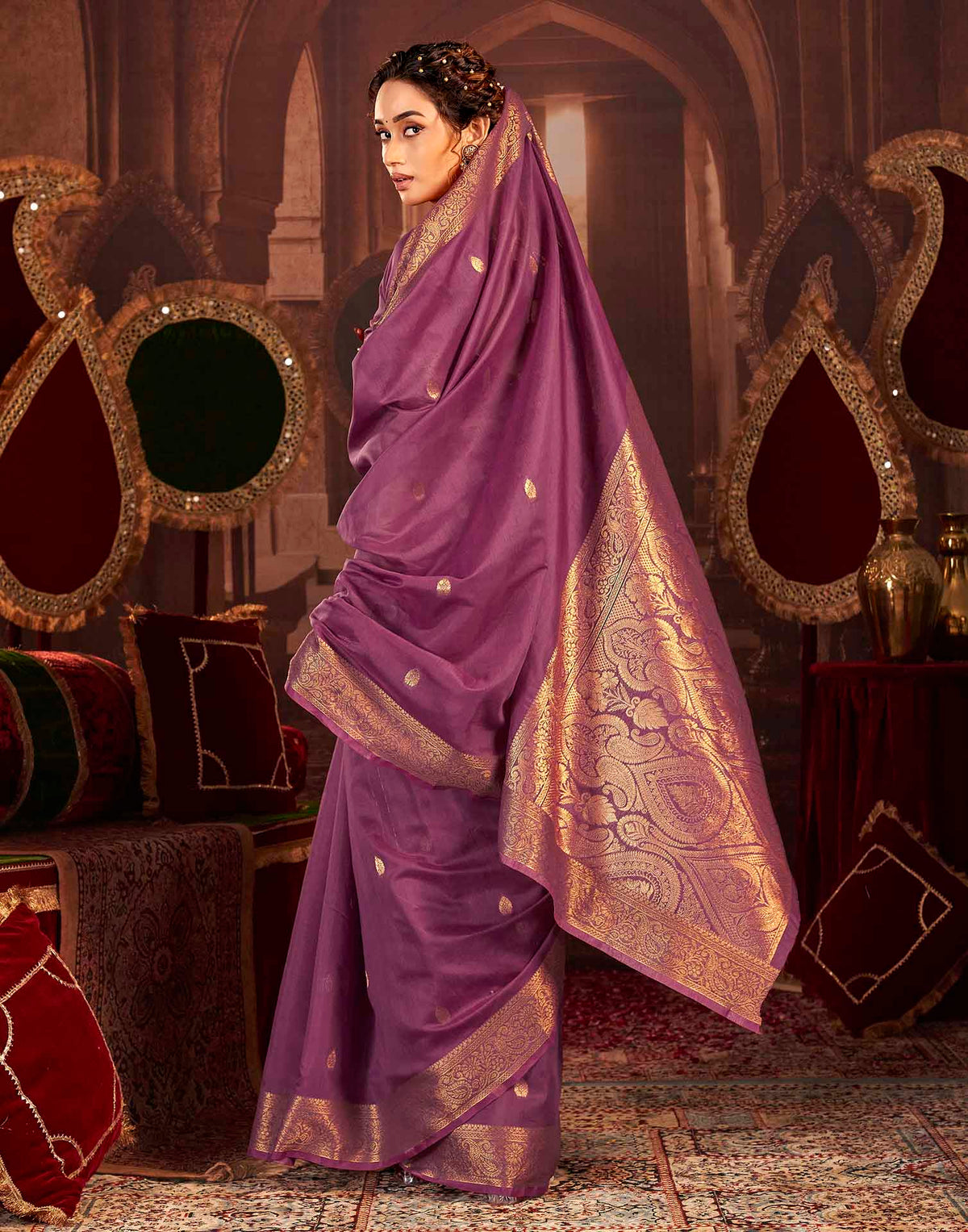 Wine Cotton Woven Saree