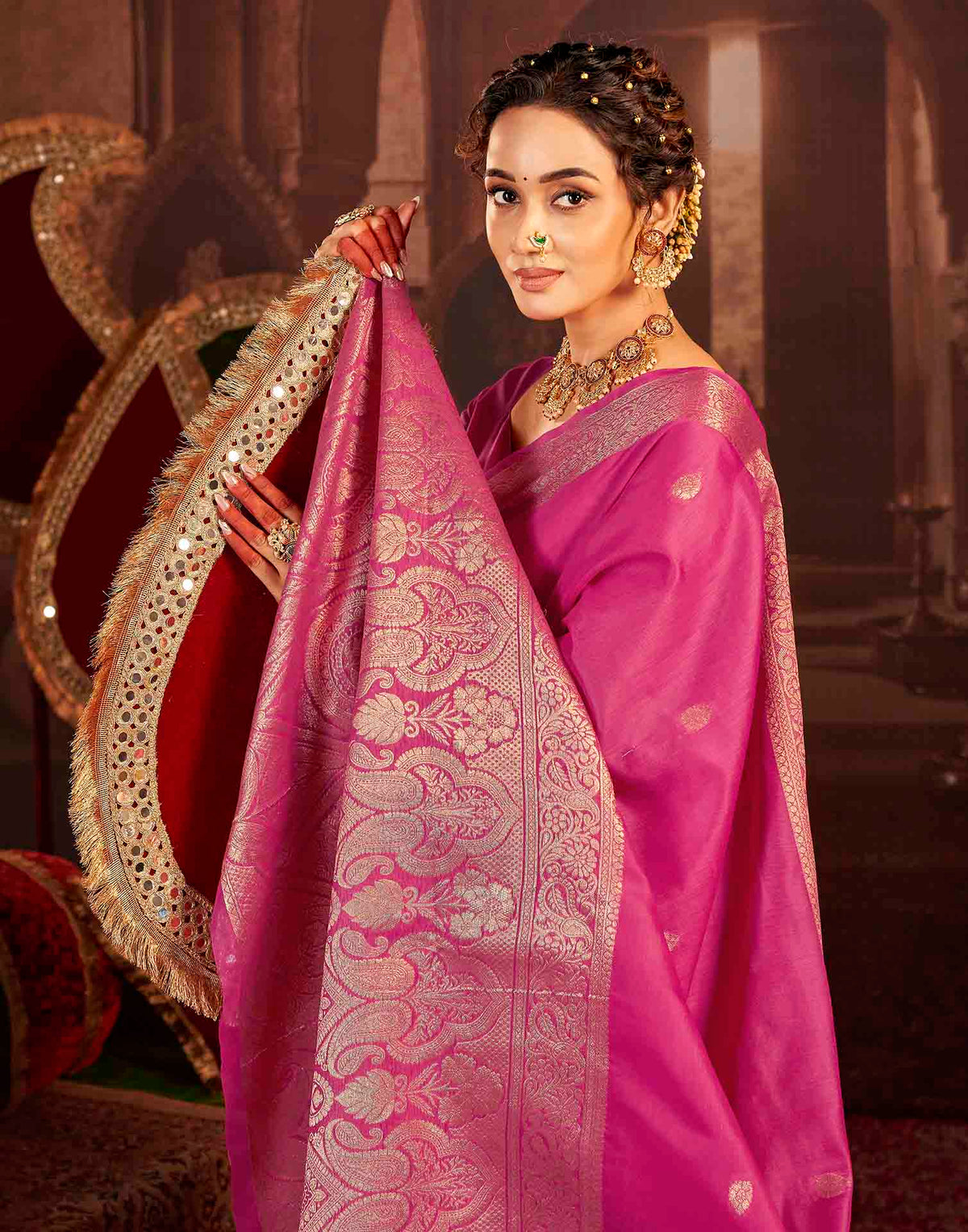 Dark Pink Cotton Woven Saree