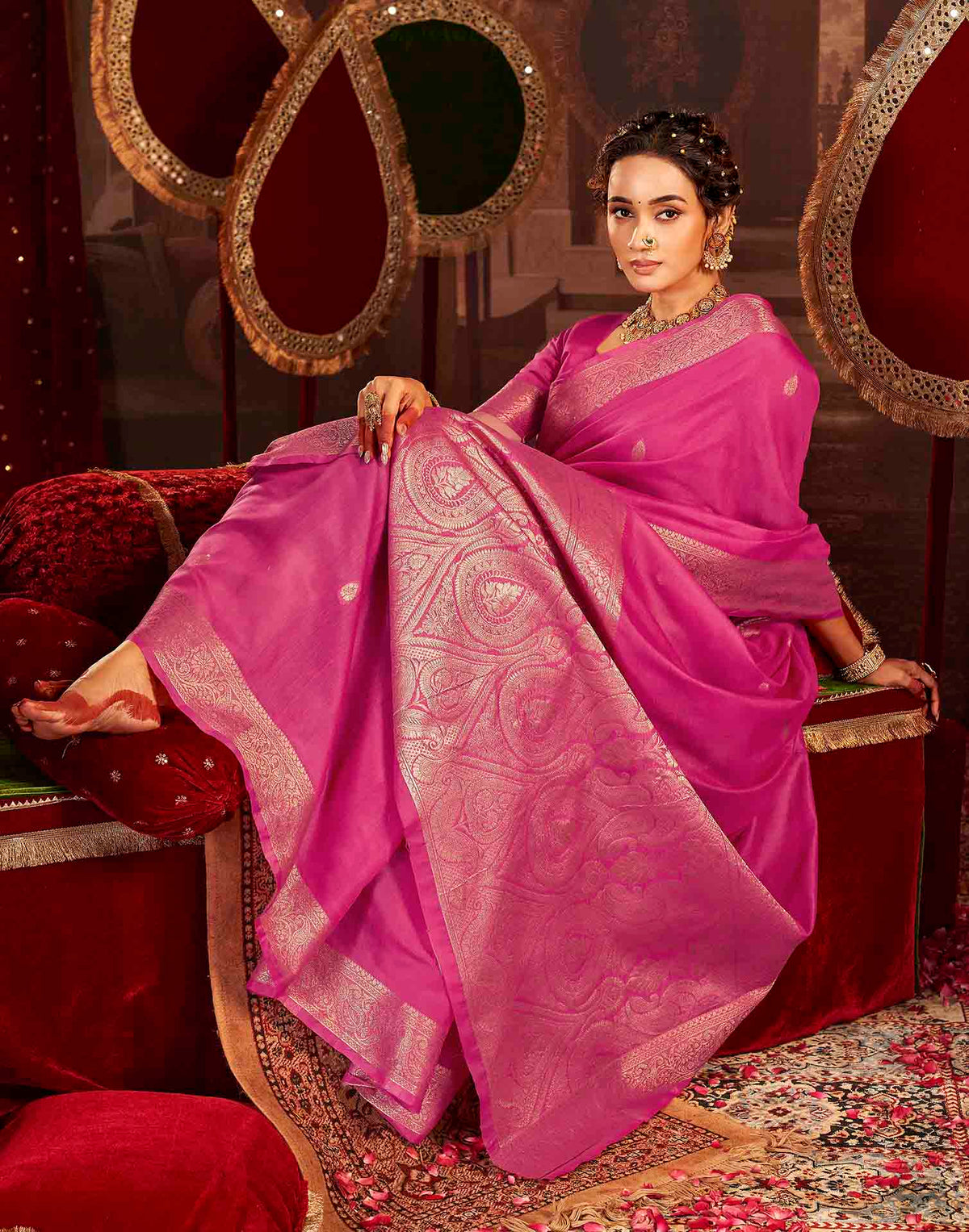 Dark Pink Cotton Woven Saree