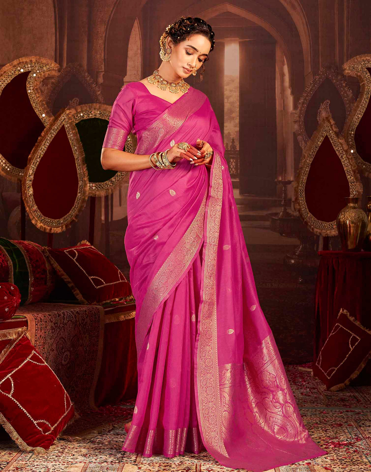 Dark Pink Cotton Woven Saree