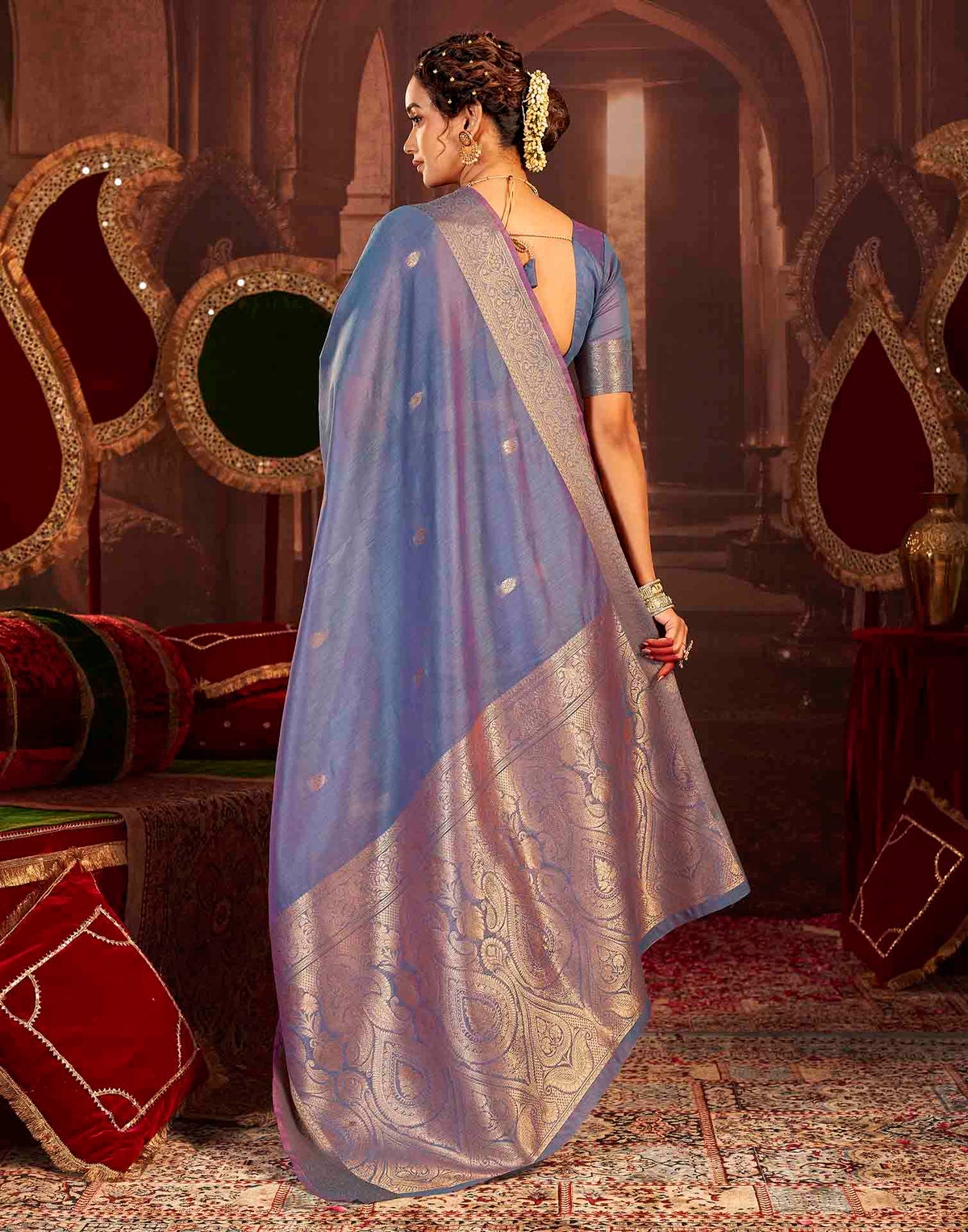 Dusty Blue Cotton Woven Saree