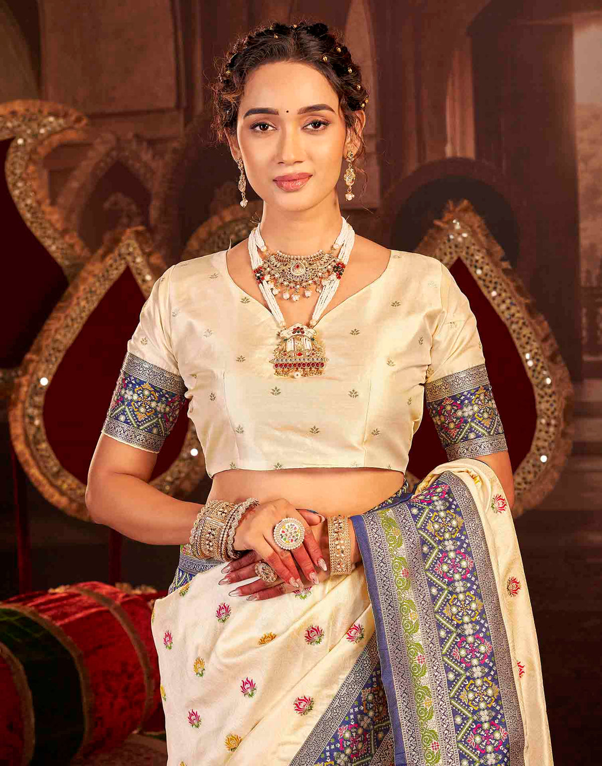 Cream Silk Woven Banarasi Saree