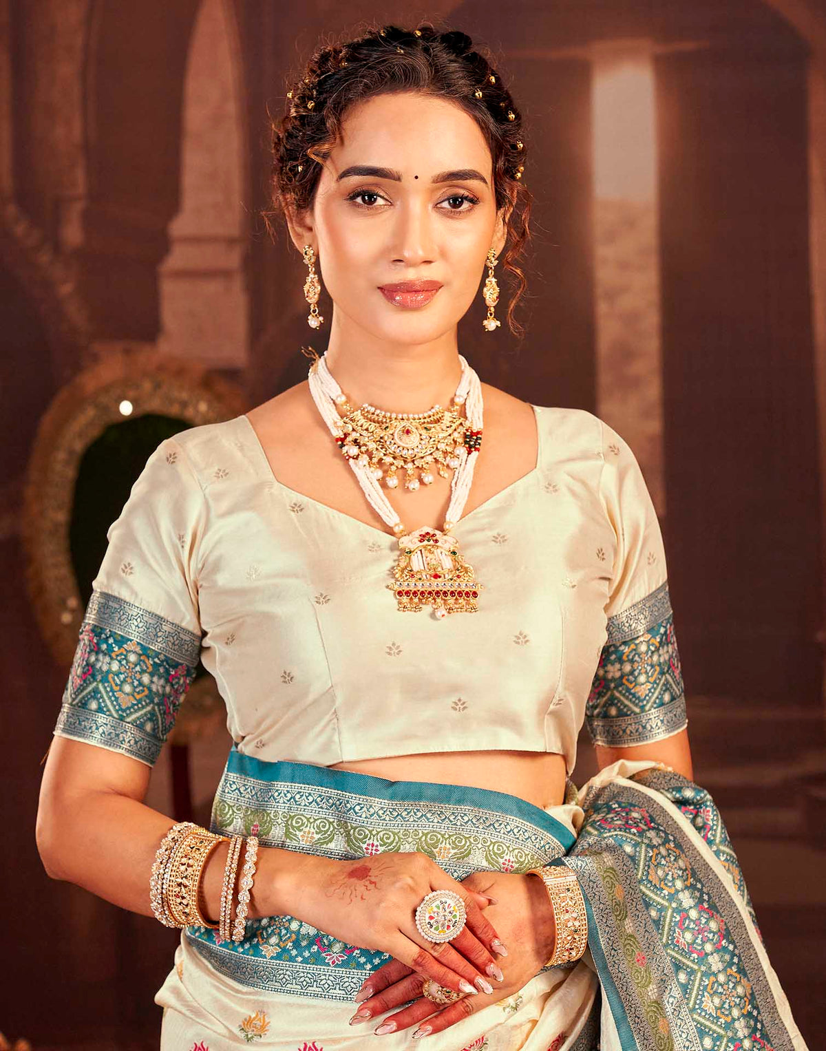 Crean Silk Woven Banarasi Saree