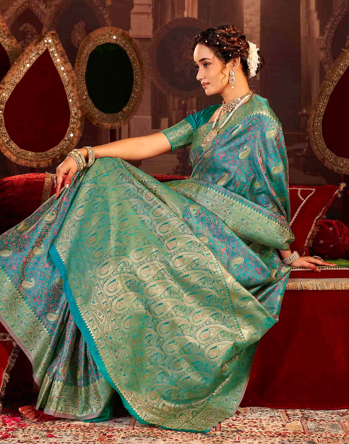 Peacock Blue Silk Woven Banarasi Saree