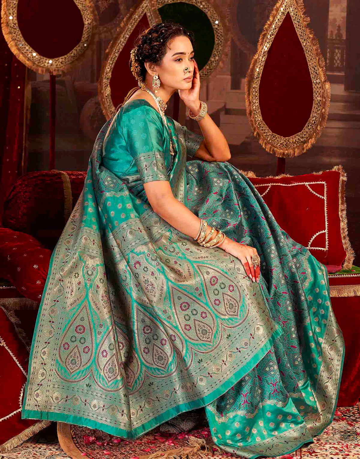 Teal Blue Silk Woven Banarasi Saree