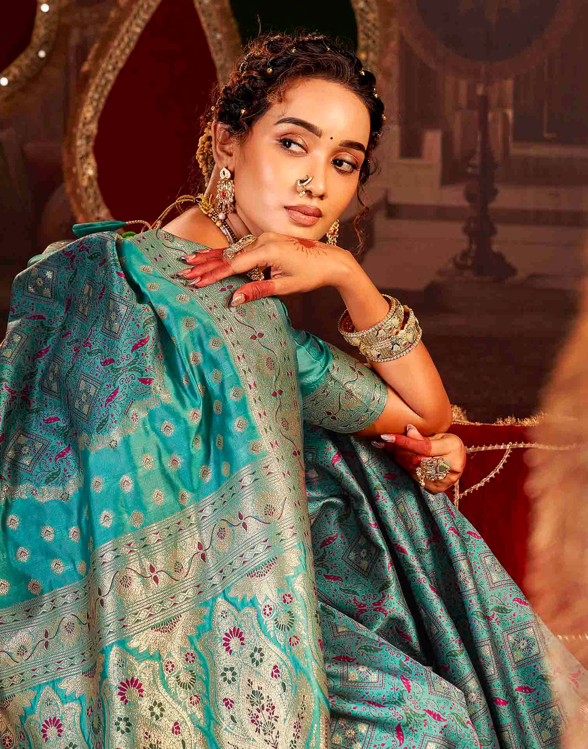 Teal Blue Silk Woven Banarasi Saree