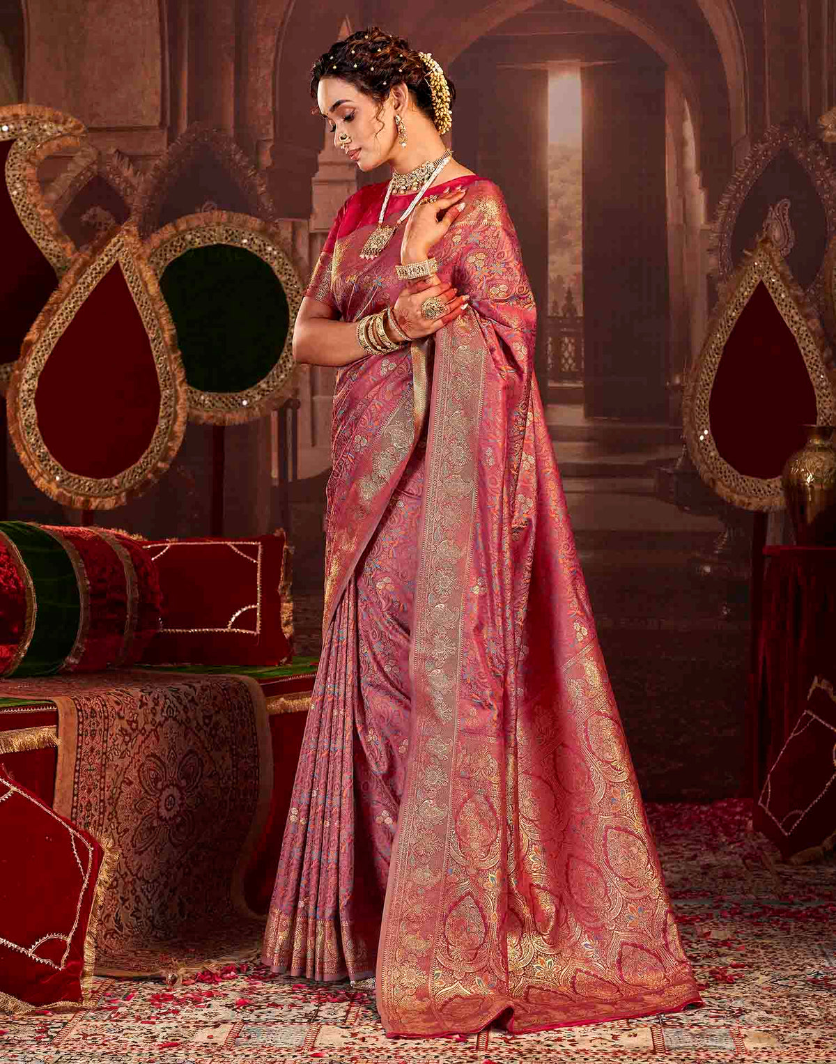Dusty Rose Pink Silk Woven Banarasi Saree