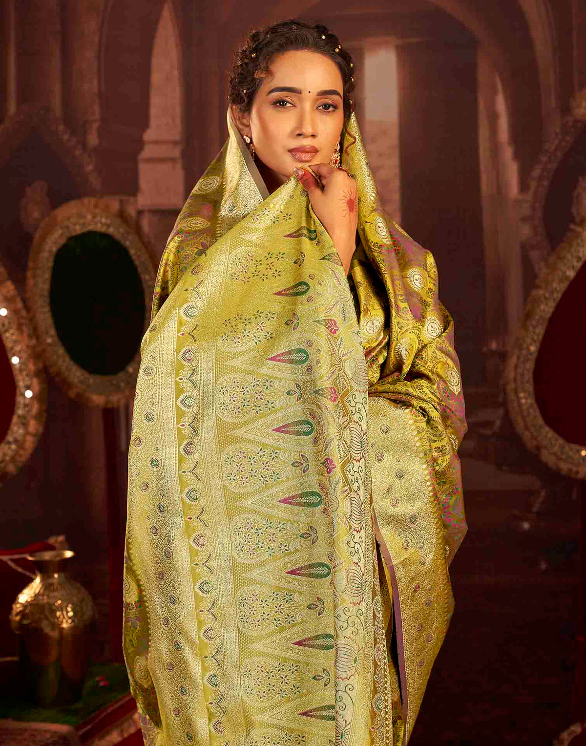 Lime Green Silk Woven Banarasi Saree
