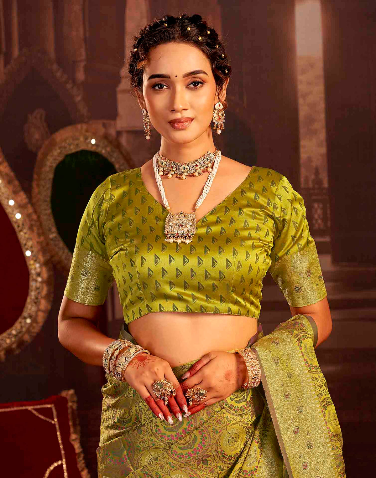 Lime Green Silk Woven Banarasi Saree