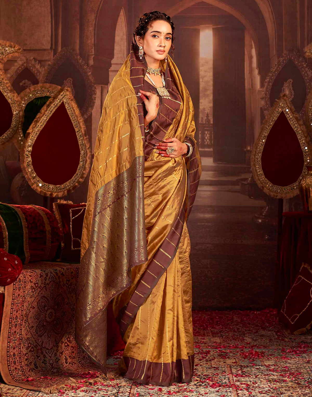 Camel Brown Silk Woven Zari Stripe Saree