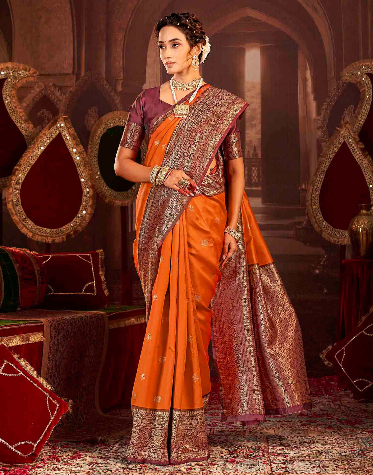 Orange Silk Woven Banarasi Saree