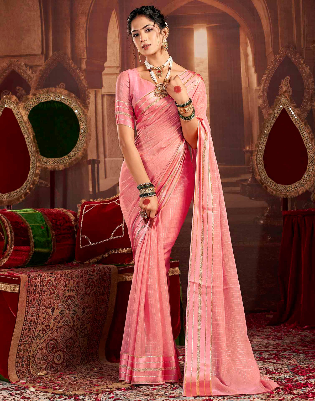 Baby Pink Georgette Woven Checked Saree