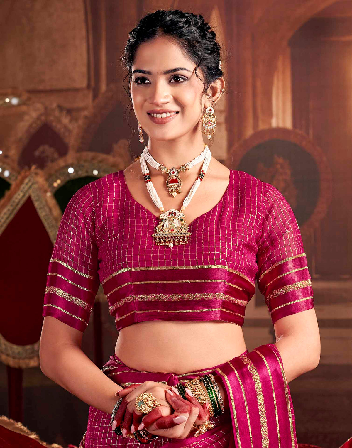 Rani Pink Georgette Woven Checked Saree