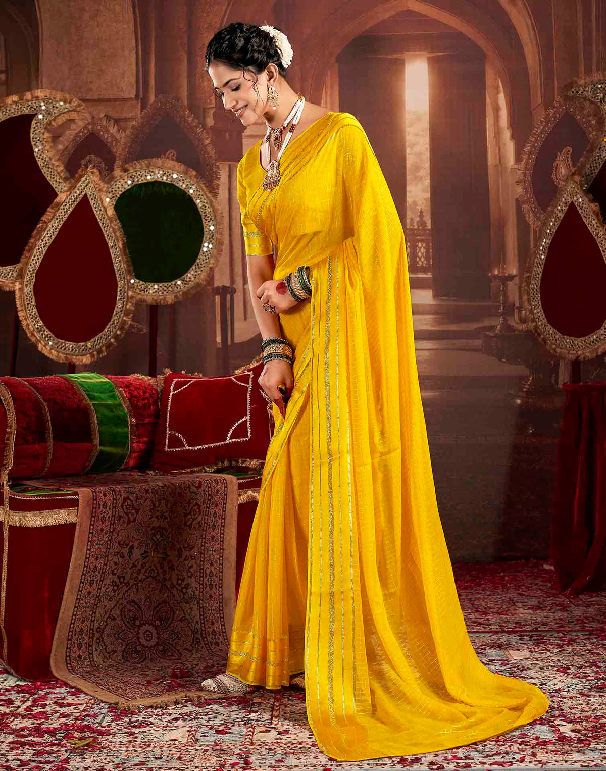 Yellow Georgette Woven Checked Saree