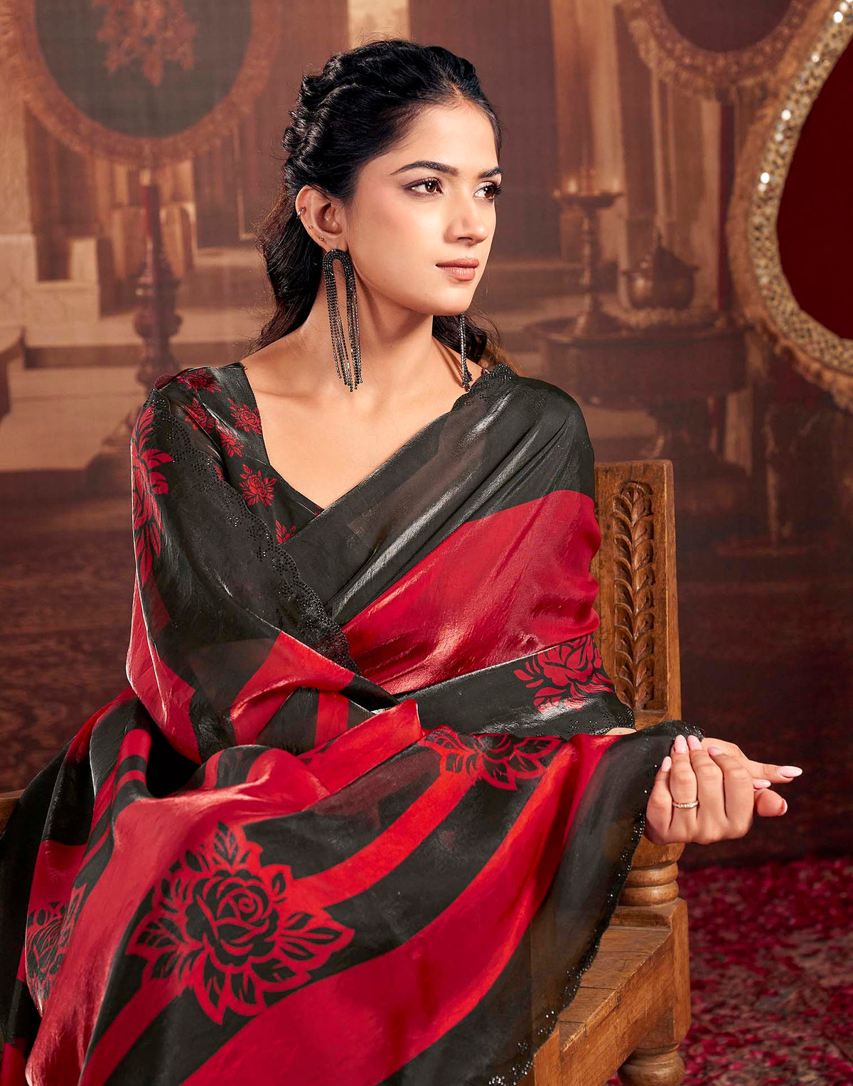 Red Shimmer Floral Printed Saree