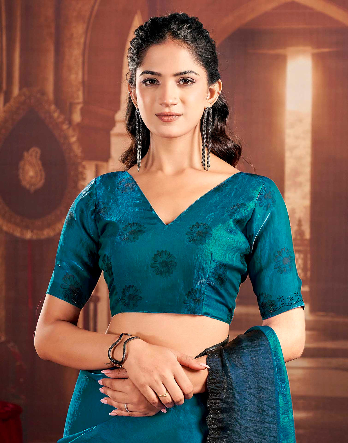 Blue Shimmer Floral Printed Saree