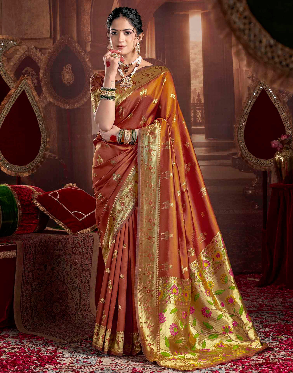 Rust Silk Woven Paithani Saree