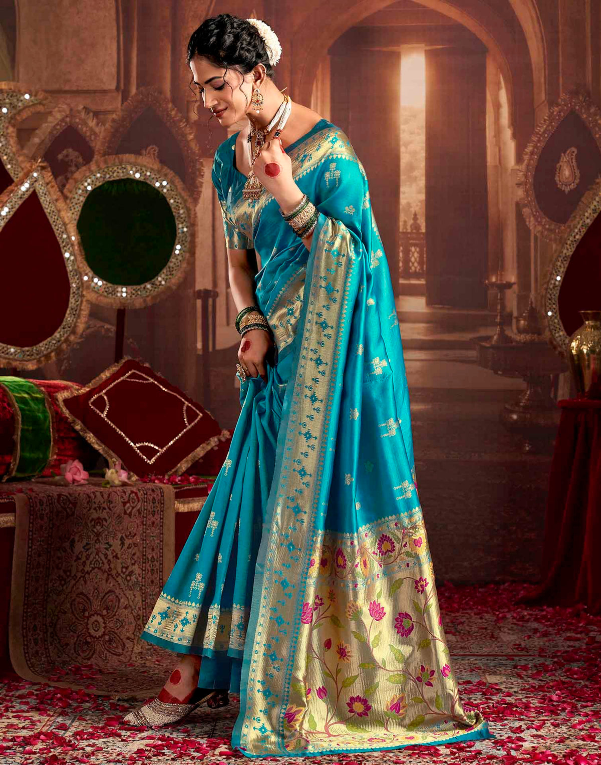 Teal Blue Silk Woven Paithani Saree