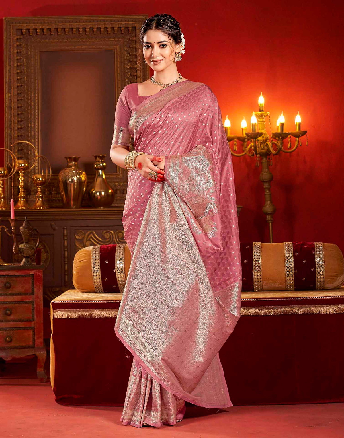 Dusty Rose Pink Silk Woven Banarasi Saree