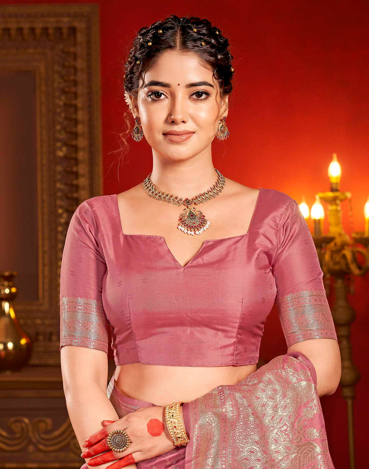 Dusty Rose Pink Silk Woven Banarasi Saree