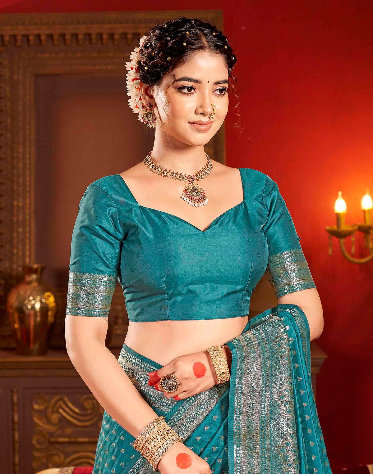 Peacock Teal Blue Silk Woven Banarasi Saree
