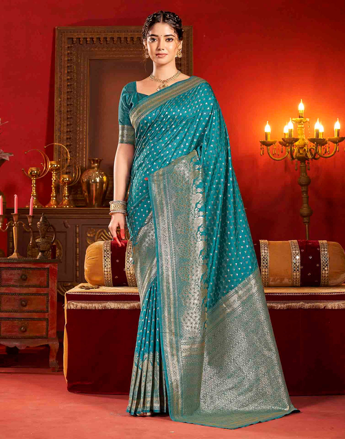 Peacock Teal Blue Silk Woven Banarasi Saree