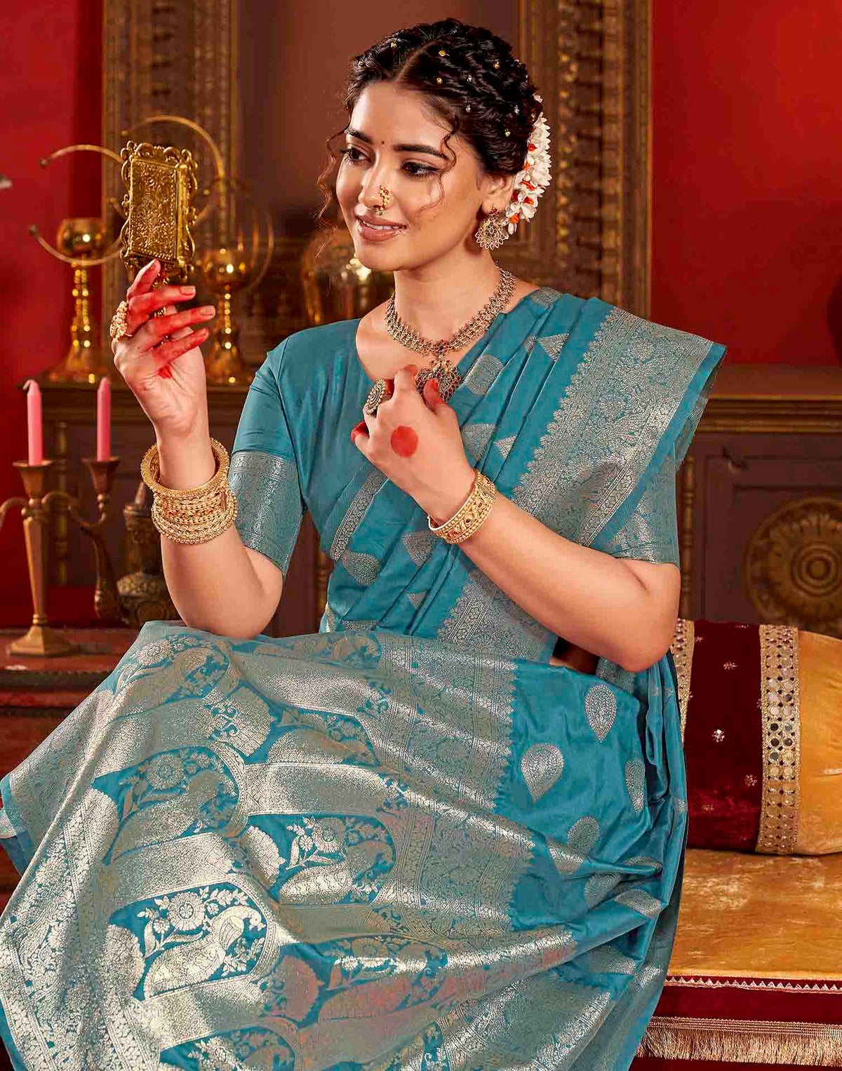 Teal Blue Silk Woven Banarasi Saree
