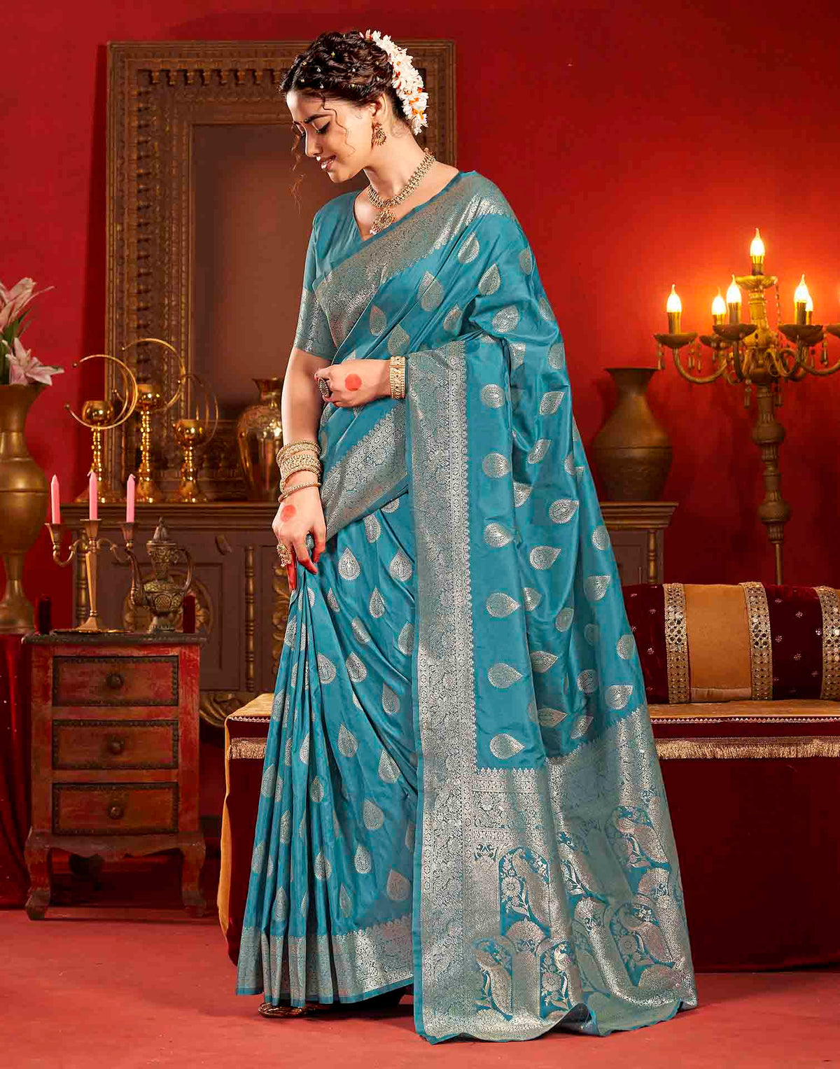 Teal Blue Silk Woven Banarasi Saree