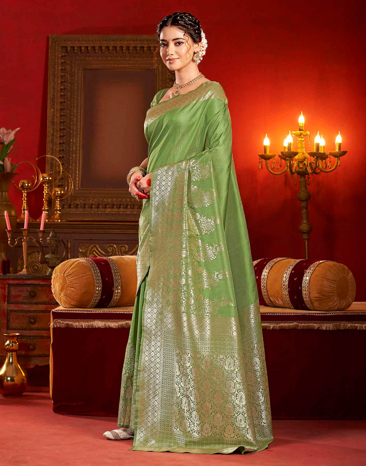 Olive Green Silk Woven Banarasi Saree