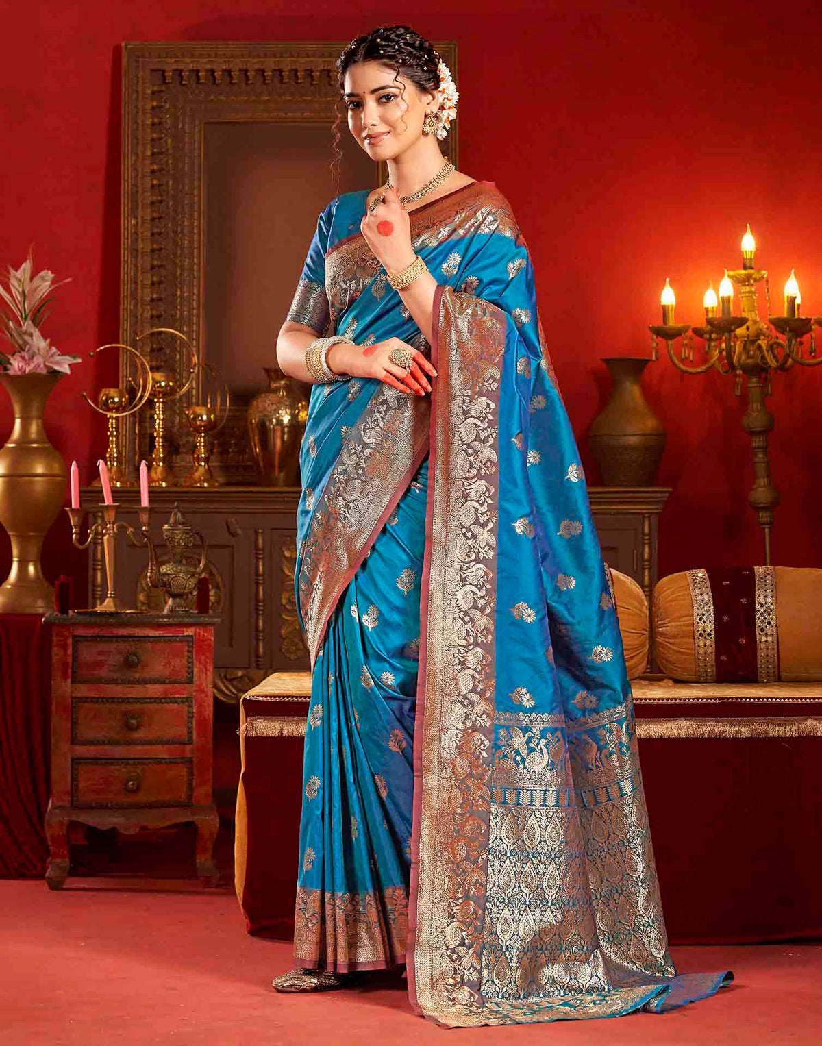 Peacock Blue Silk Woven Banarasi Saree