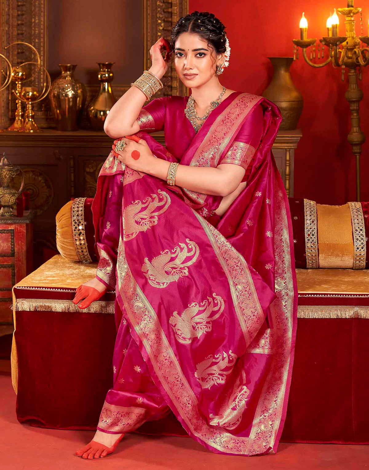 Rani Pink Silk Woven Banarasi Saree
