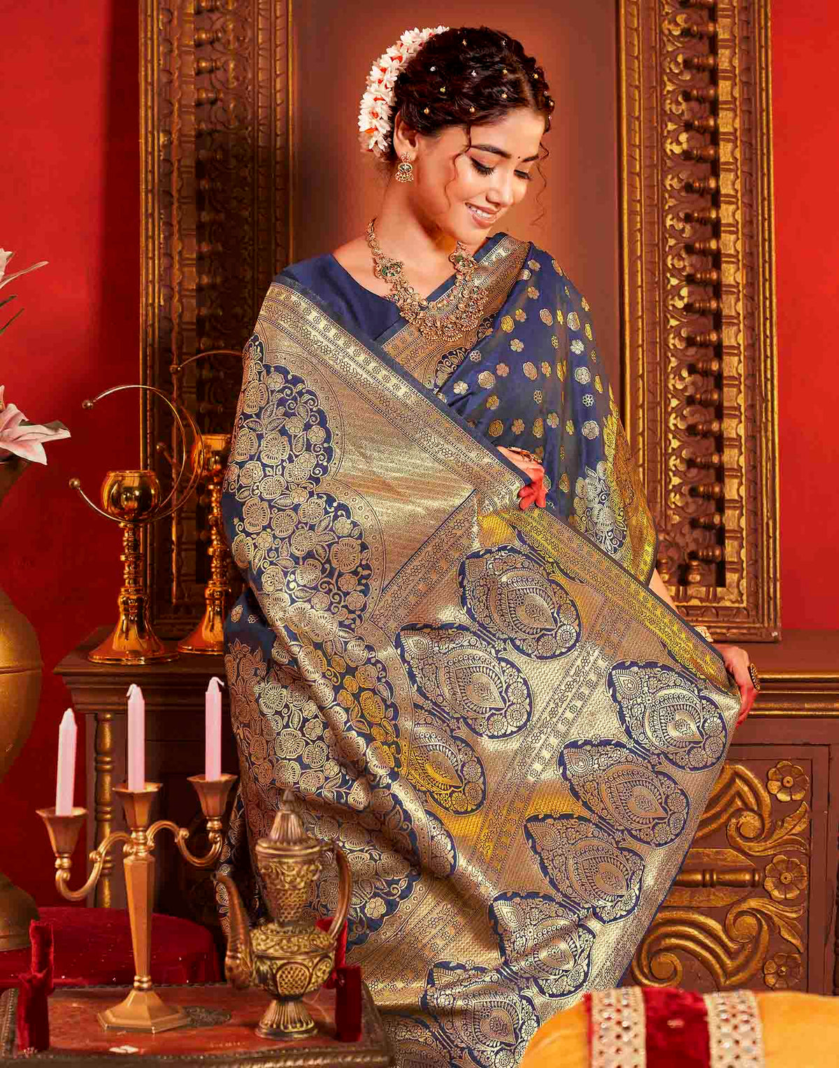 Navy Blue Silk Woven Banarasi Saree