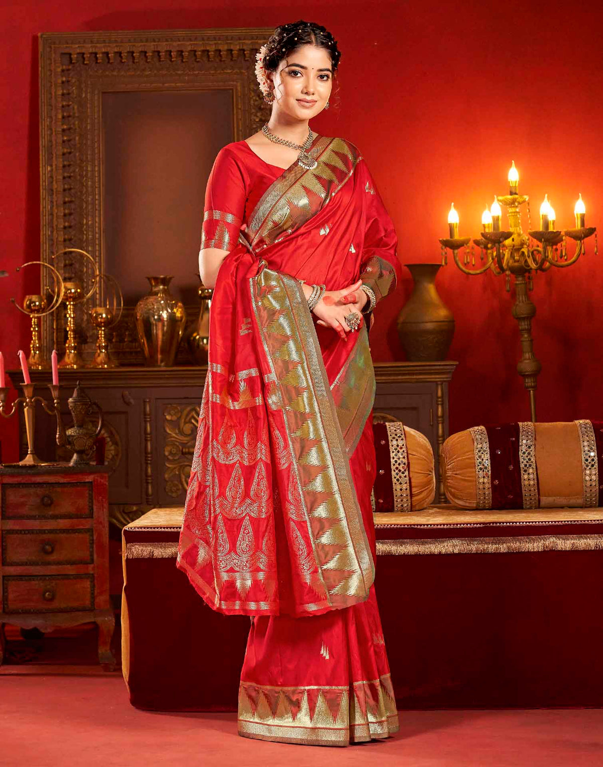 Bright Red Silk Woven Banarasi Saree