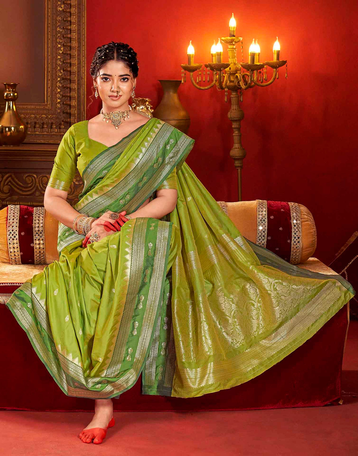 Parrot Green Silk Woven Banarasi Saree