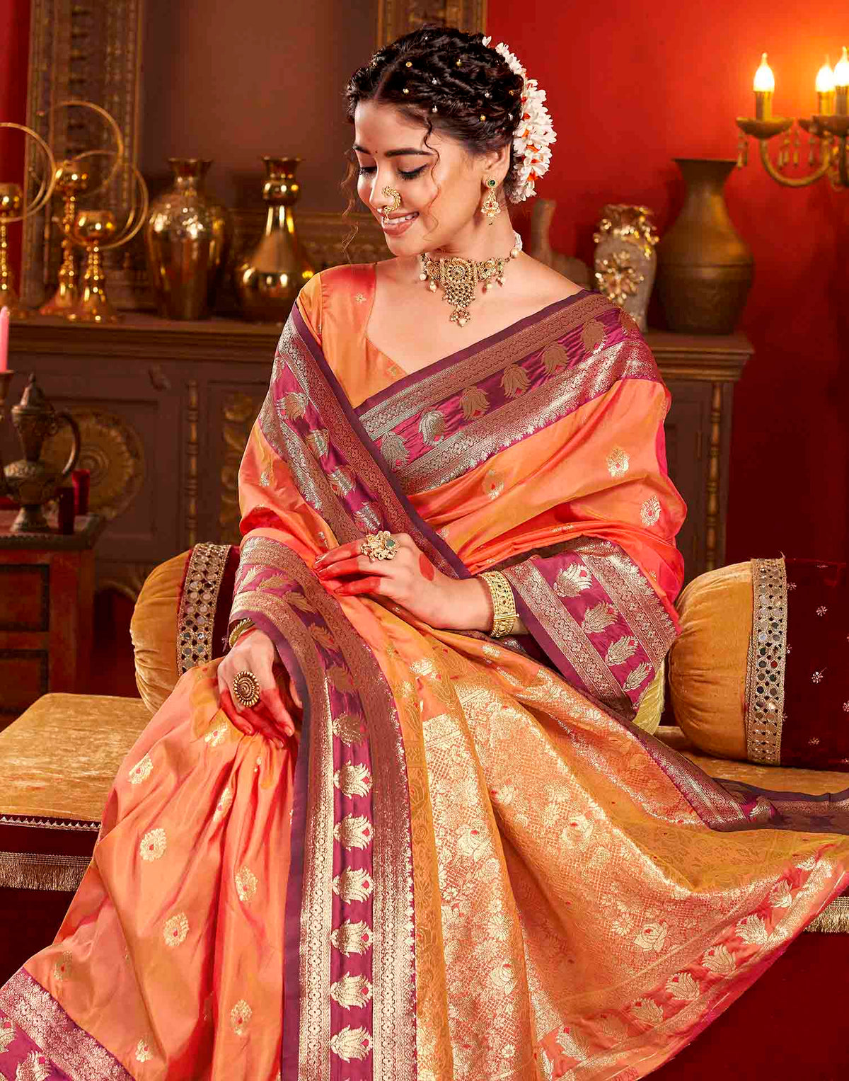 Peach Orange Silk Woven Banarasi Saree