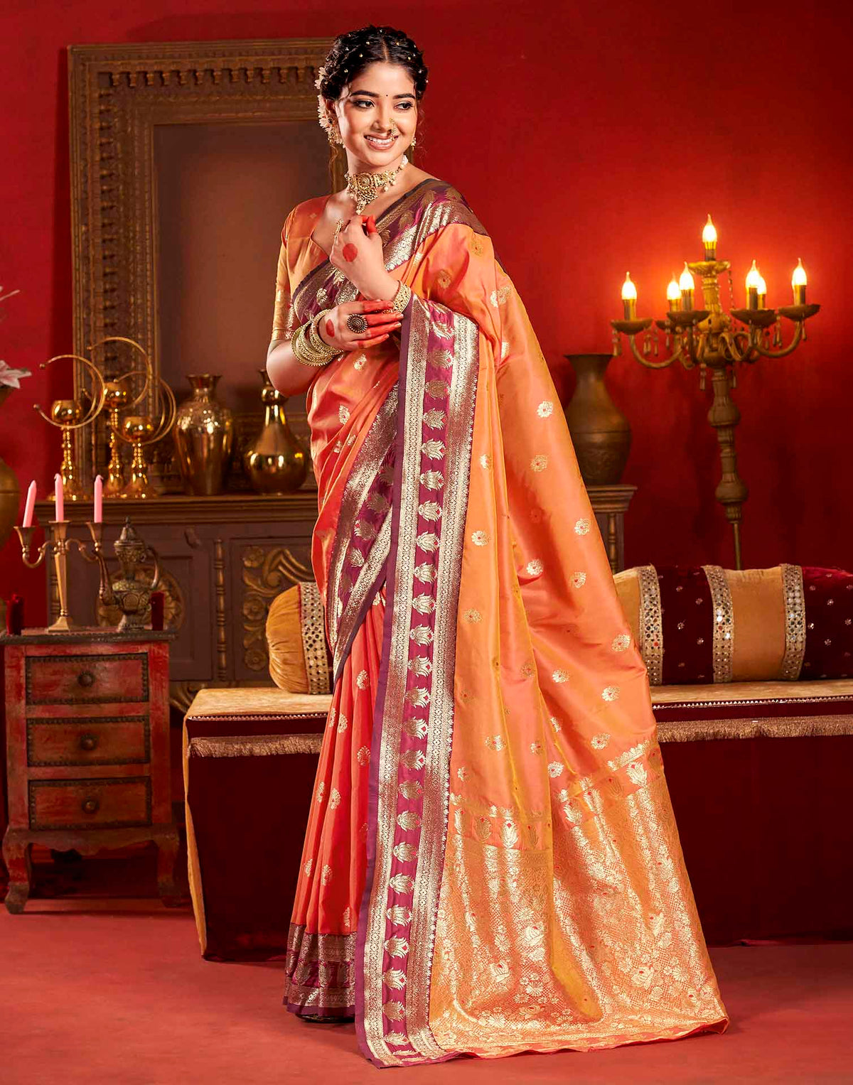 Peach Orange Silk Woven Banarasi Saree