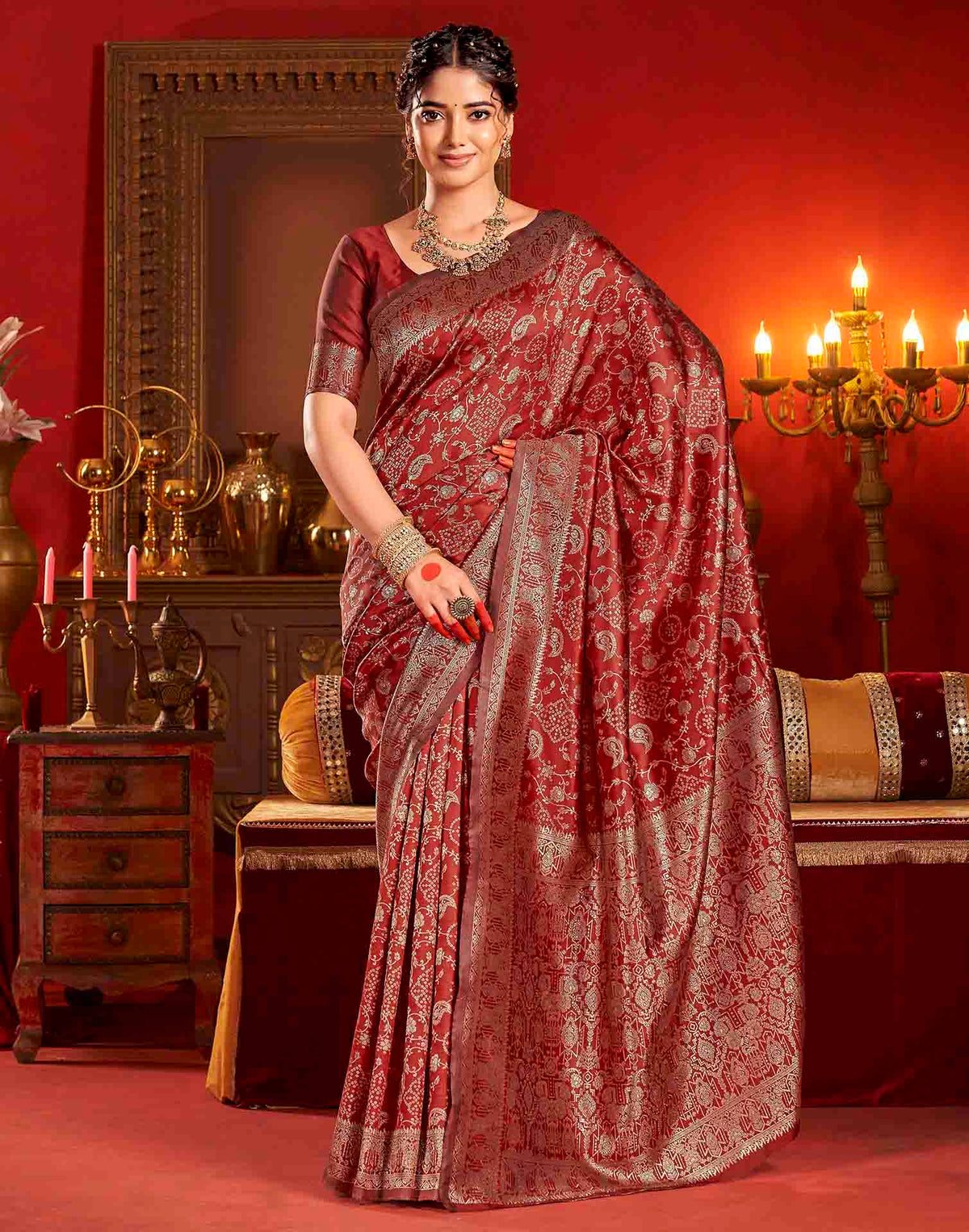 Deep Red Silk Woven Banarasi Saree