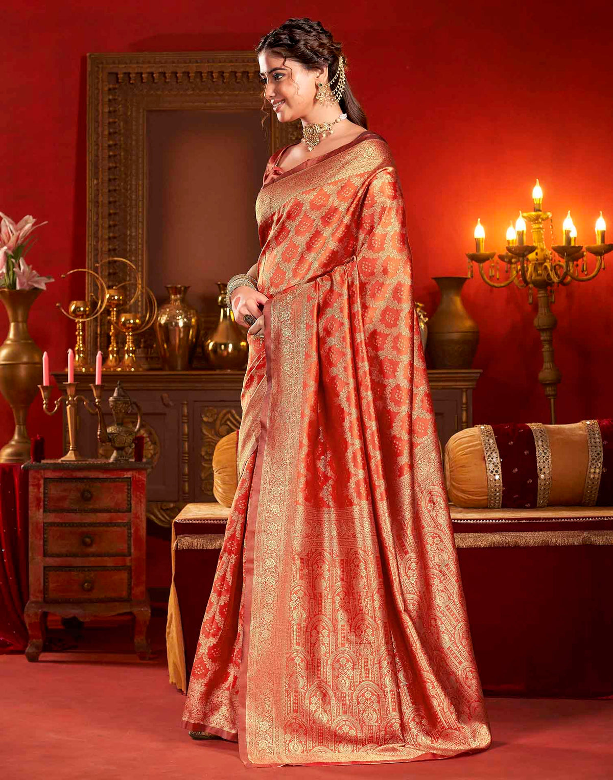 Bright Red Silk Woven Banarasi Saree