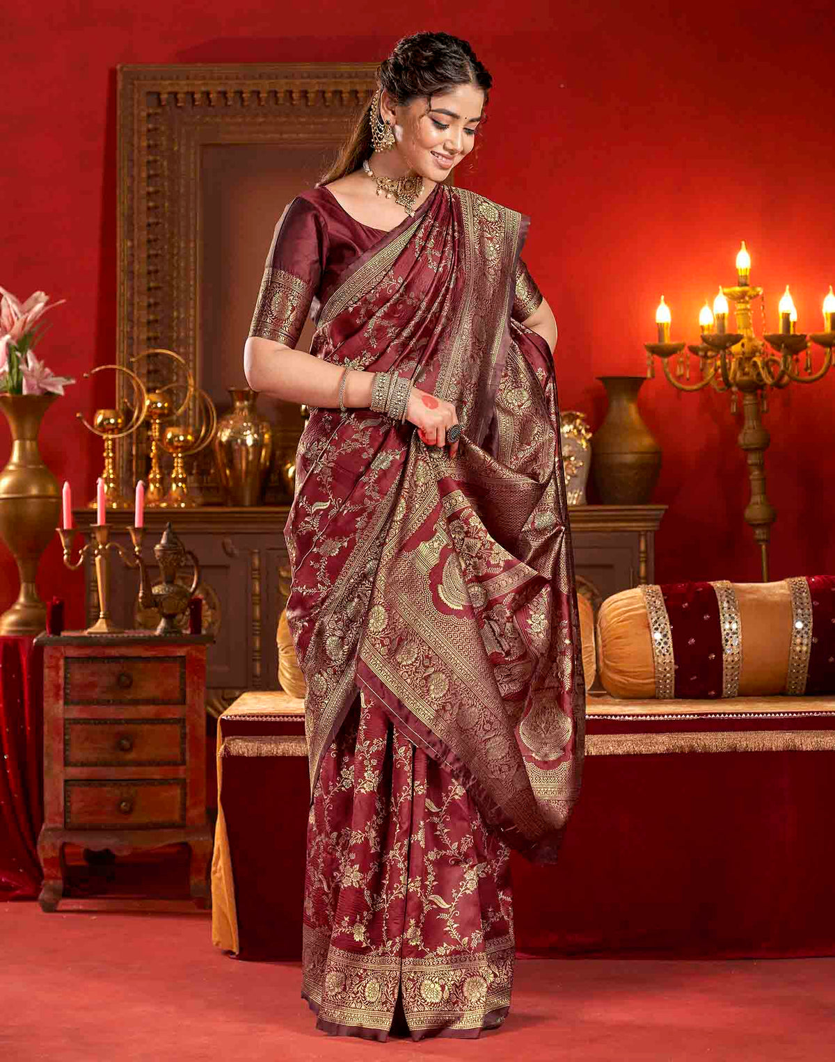 Maroon Silk Woven Banarasi Saree