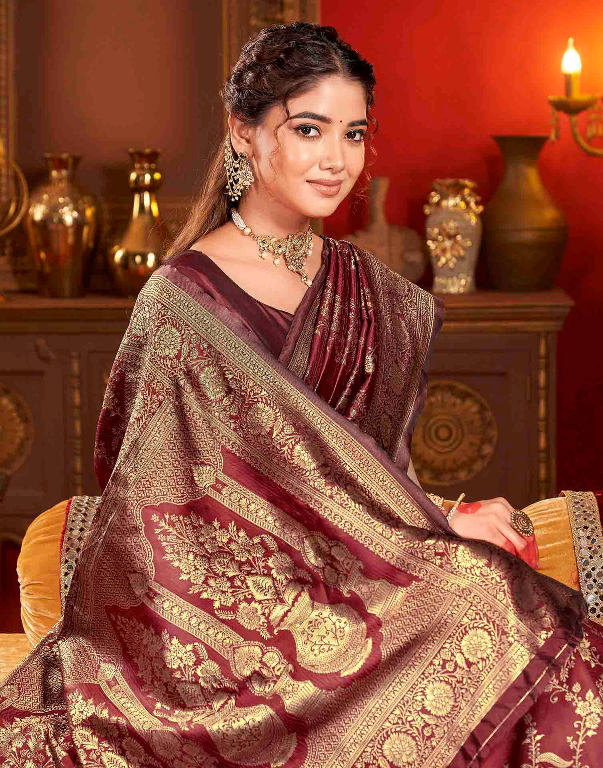 Maroon Silk Woven Banarasi Saree